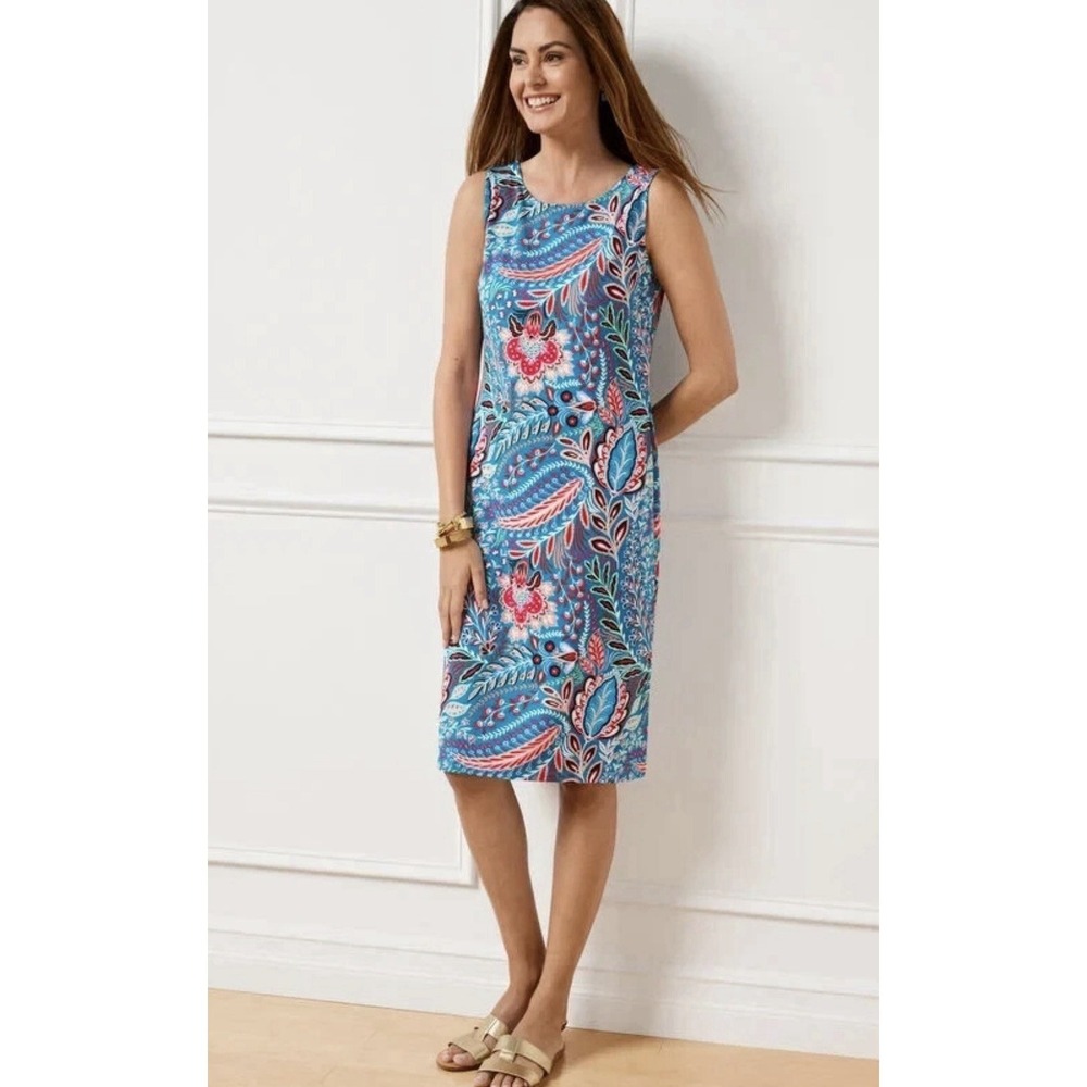 Talbots Women's Blue Effortless Jersey Shift Dress Paisley Botanical Sz XLP $139